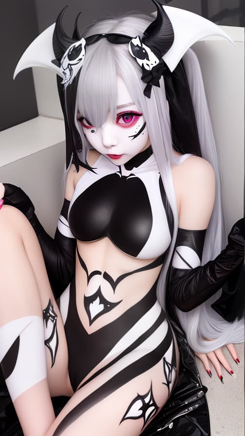  White bat pattern body paint in every corner of the body, Blark body paint all over the body, Blark face paint on the face, Two succubus sisters, full body image 女の子