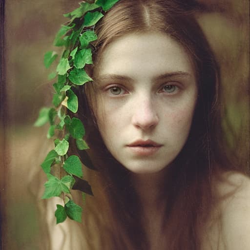 analog style Highly detailed moody dark, masterful portrait of a breathtakingly lovely, wild Witchling nymph surrounded by trailing ivy painted by John William Waterhouse and Rembrandt. She has a beguiling face and is looking down directly at the viewer. Her eyes are breathtakingly lovely and engaging. She has long, wild, unkempt dark hair. Gorgeous, highly detailed , ornate composition using the golden ratio.