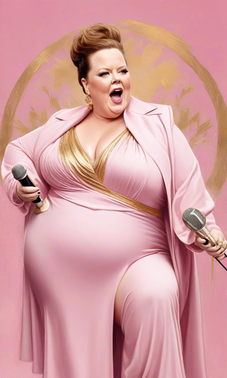  concept art pink, gold, black, white stage bald melissa mccarthy with a microphone . digital artwork, illustrative, painterly, matte painting, highly detailed, perfect hands