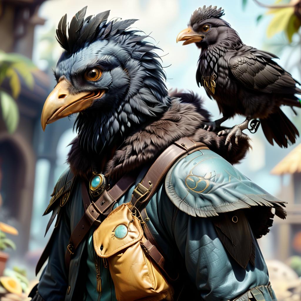  role playing game (rpg) style fantasy black with blue tint avian humanoid race with crow head alchemist, small beak, mischievous yellow eyes, smiling, feathers ruffled, wearing travelers rags and leather cloak with lots of pockets, has big backpack with pockets, bomb in hand, magical laboratory background . detailed, vibrant, immersive, reminiscent of high fantasy rpg games, civitai