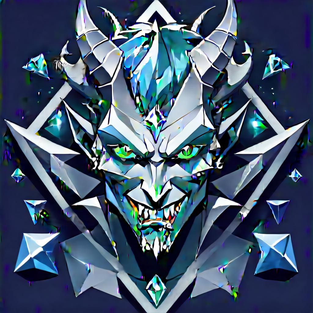  minimalist style diamond devil, portrait. dark green eyes, man. kind. hair gray. with fangs and horns. colors blue, blue, silver . simple, clean, uncluttered, modern, elegant