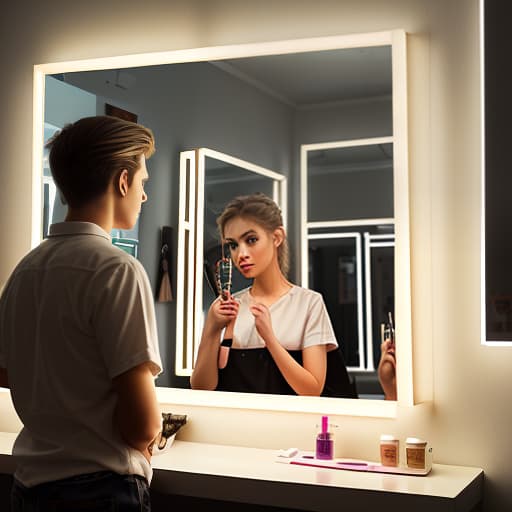  a beautiful girl and a guy stand in a beauty salon, against the background of a mirror and light bulbs on, in a realistic style