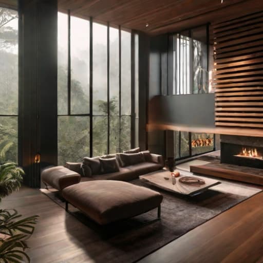  luxury apartment in the rainforest, wood texture, large cabin, fireplace hyperrealistic, full body, detailed clothing, highly detailed, cinematic lighting, stunningly beautiful, intricate, sharp focus, f/1. 8, 85mm, (centered image composition), (professionally color graded), ((bright soft diffused light)), volumetric fog, trending on instagram, trending on tumblr, HDR 4K, 8K