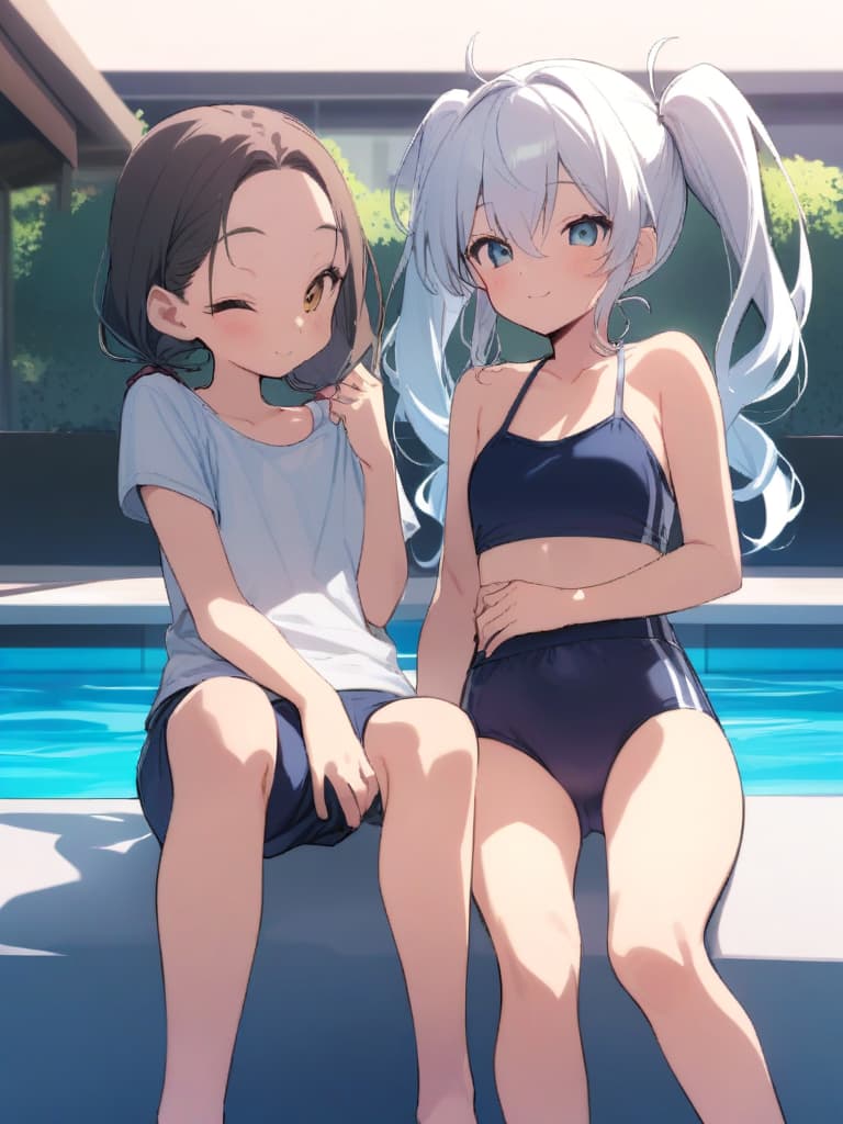  women's elementary students, twin tails, rich smiles, cute smiles, navy blue swimwear, old swimwear, swimwear, simple, male, shaped clear , shaped clear, clear stem, shaped crisp, male bulge,, front. the whole body, pool side,