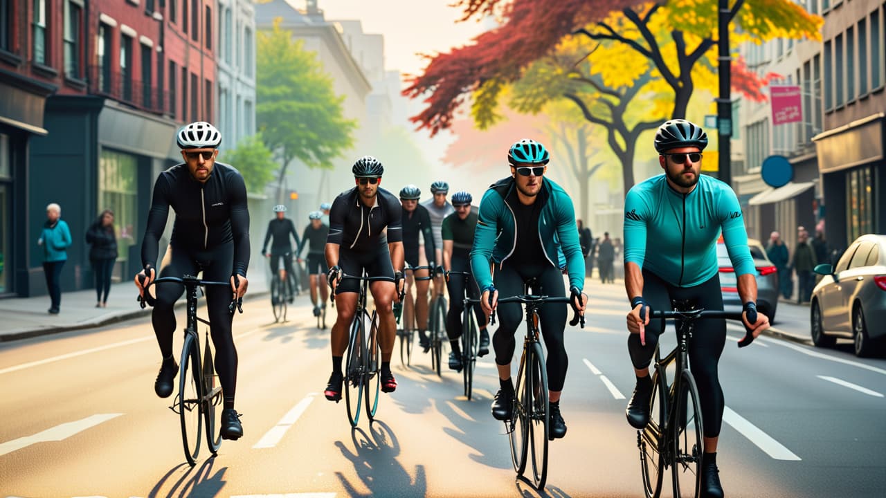  a bustling city street scene with cyclists of various styles, some riding sleek road bikes and others on sturdy commuter bikes, all weaving through traffic, surrounded by urban architecture, greenery, and pedestrians. hyperrealistic, full body, detailed clothing, highly detailed, cinematic lighting, stunningly beautiful, intricate, sharp focus, f/1. 8, 85mm, (centered image composition), (professionally color graded), ((bright soft diffused light)), volumetric fog, trending on instagram, trending on tumblr, HDR 4K, 8K