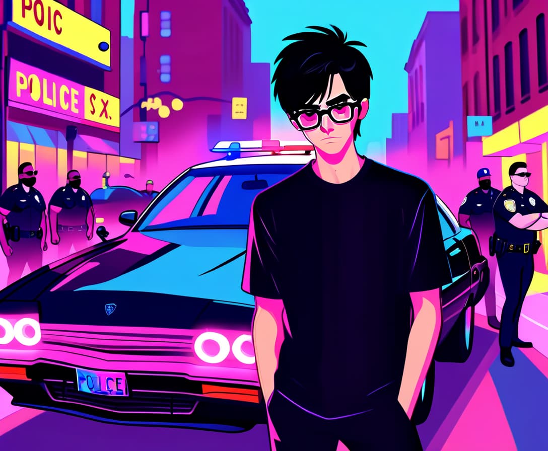  draw a young guy in a black jersey wearing black hair glasses under a car in a neon town against the background of a us police car