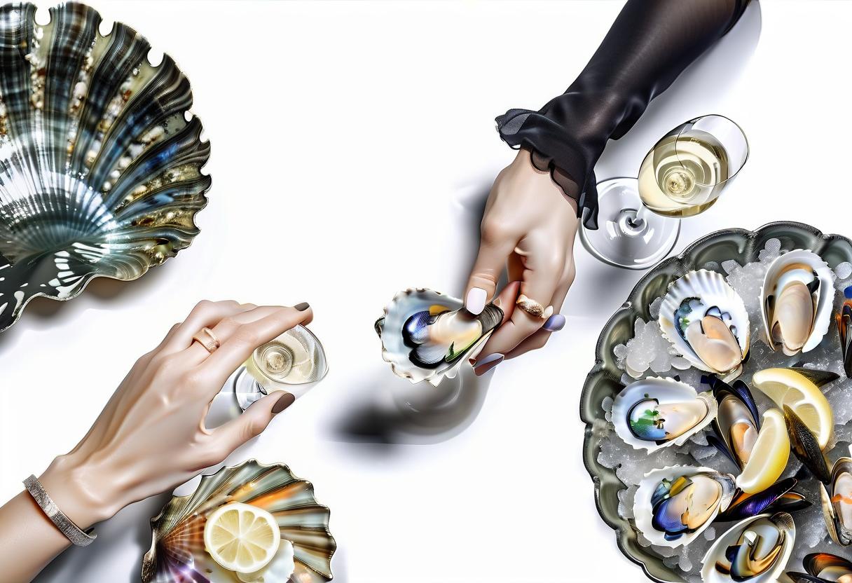  real photo, 4k resolution, on the black table there are dishes in the form of shells, a dish with mussels and women's hands, next to glasses of champagne