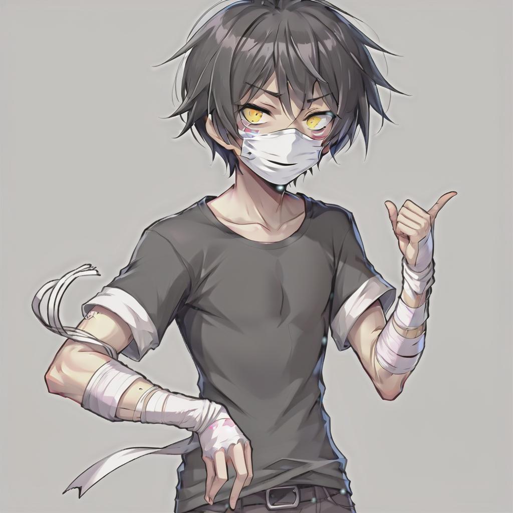  anime sketch. a guy with dull mask of happiness on his face. gray eyes. slender body. bandaged forearms. black t shirt. short black hair. looking at the viewer. simple gray background. 4k. 8k. 16k. high resolution. hdr. high quality. insane detalisation, perfecteyes