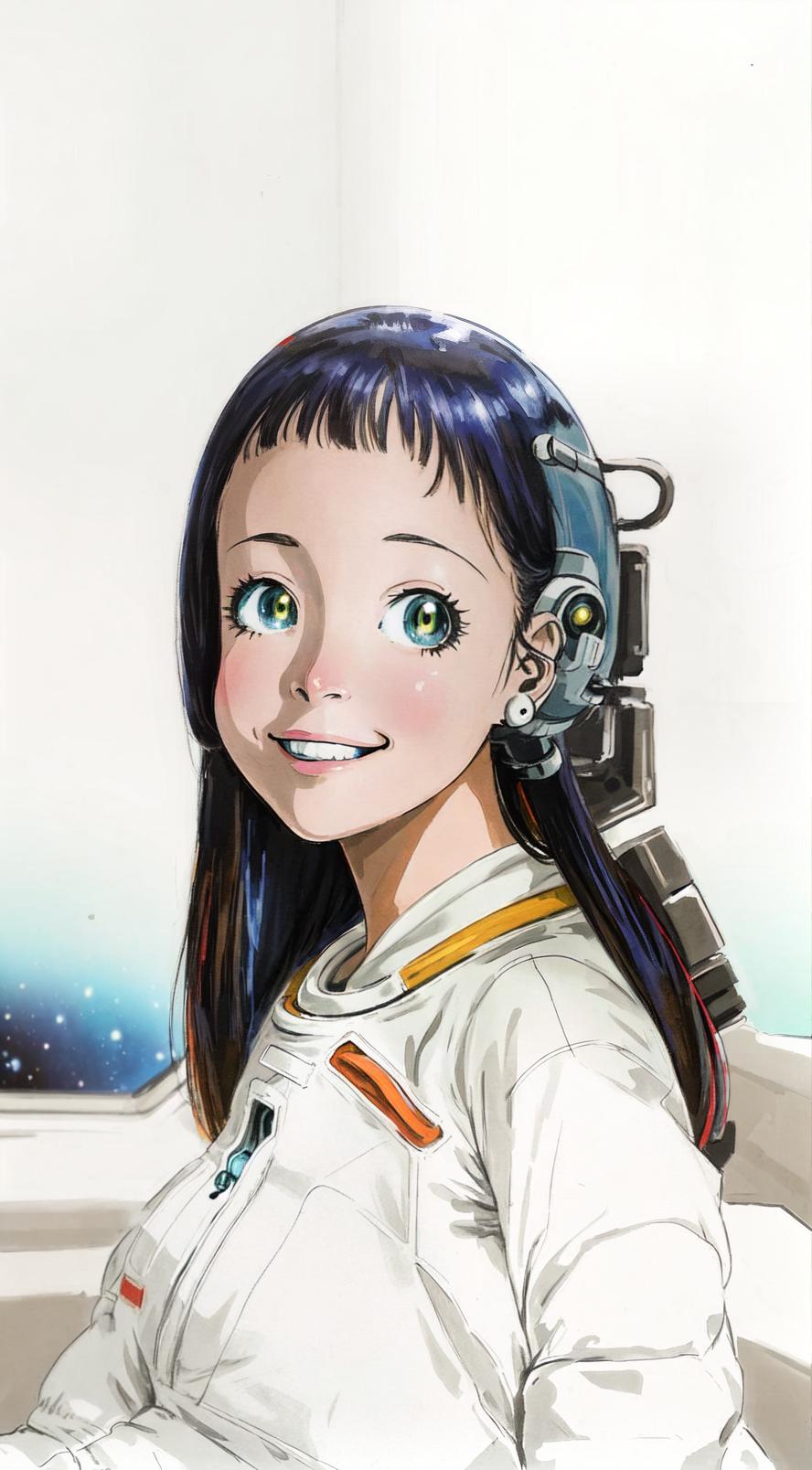  anime style, astronaut, space background, wearing space suit, comic book style, vibrant colors, detailed spaceship interior, character smiling, warm lighting