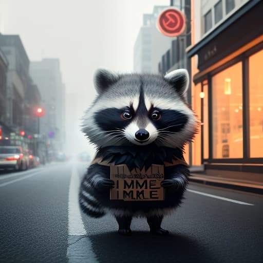  a cute little fluffy raccoon with striped tail stands in the middle of the street, holding a cardboard in front of him, the inscription "like me" on the cardboard ((charcoal)) large uneven rough letters hyperrealistic, full body, detailed clothing, highly detailed, cinematic lighting, stunningly beautiful, intricate, sharp focus, f/1. 8, 85mm, (centered image composition), (professionally color graded), ((bright soft diffused light)), volumetric fog, trending on instagram, trending on tumblr, HDR 4K, 8K