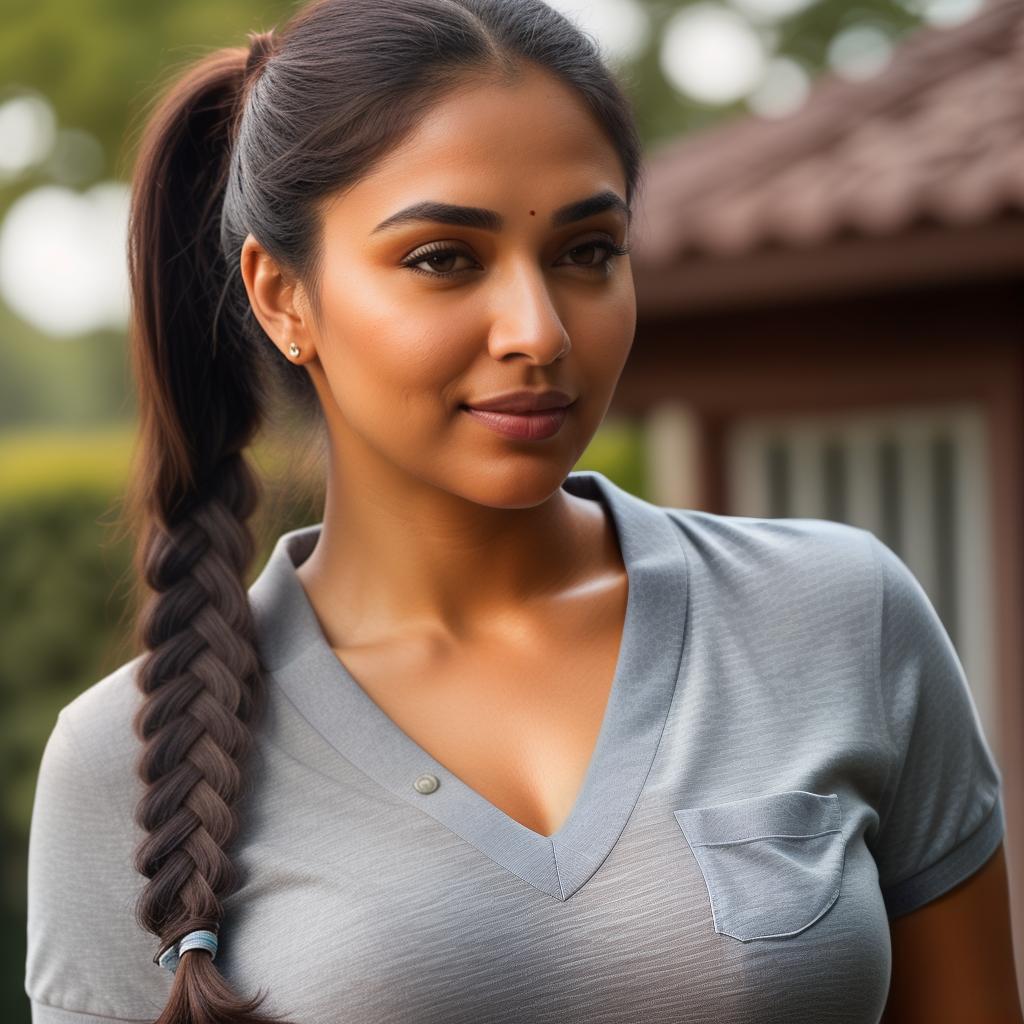  (((realistic full torso frontal head shot of a light brown to medium brown skin tone woman))), jaya tanvi saha, ((indian heritage)), immature face, hazel eye color, ((pigtails hair style)), ((black hair color)), (( body type)), small size, big size, (immature straight wide nose), (immature round cheeks), (immature defined jawline), (immature full lips), (immature medium forehead), (immature even eyebrows), (immature slightly rounded chin), standing straight looking directly into the camera,((wearing fitted polo shirt with deep v neck and monogrammed pocket)), backyard in background, 1girl, best quality, highest quality, award winning photo, masterpiece, raw, professional photography, photorealism, sharp focus, cinemat hyperrealistic, full body, detailed clothing, highly detailed, cinematic lighting, stunningly beautiful, intricate, sharp focus, f/1. 8, 85mm, (centered image composition), (professionally color graded), ((bright soft diffused light)), volumetric fog, trending on instagram, trending on tumblr, HDR 4K, 8K