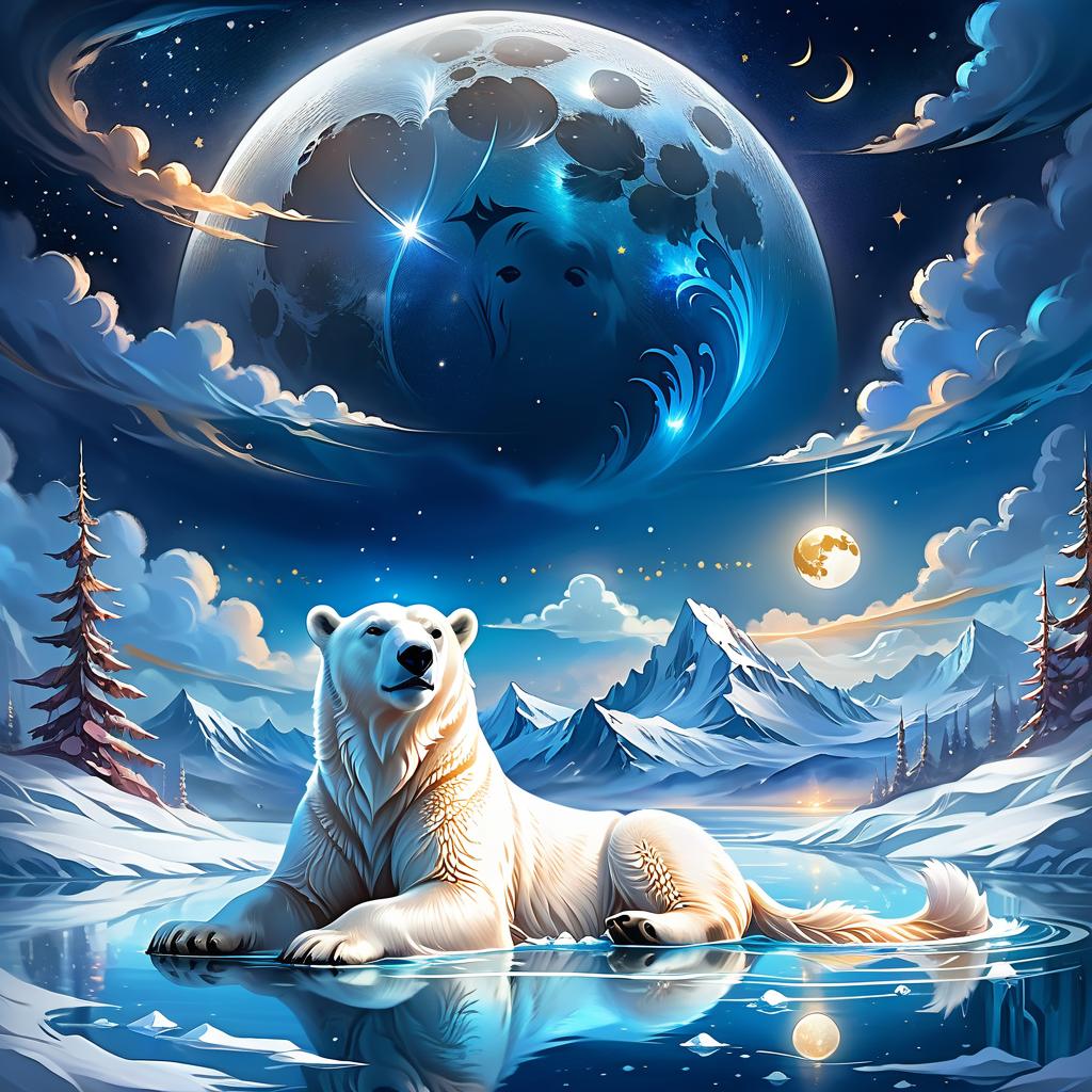  ethereal fantasy concept art of your neighbours are asleep the polar bears, sleep fast, too, little one. the clouds are breaking and the moon like a fish # and the moon like a fish and above it, glittering, like a pack of ice (style):fantasy, fairy tale, dream, magic, clouds, softness, polar lights, (colours):white, soft blue, dark blue, golden, rose gold, bluish silver. . magnificent, celestial, ethereal, painterly, epic, majestic, magical, fantasy art, cover art, dreamy