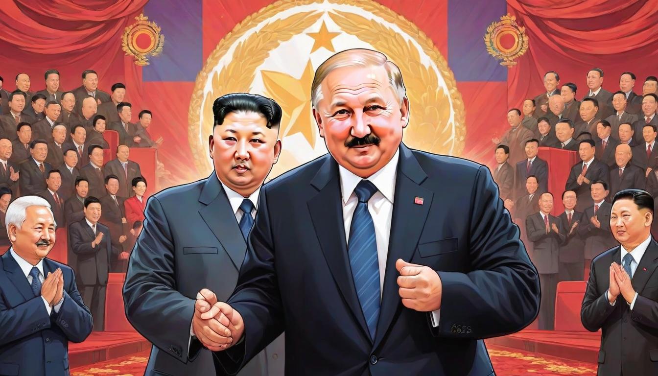  manga style two presidents greetings, alexander lukashenko, kim jong un . vibrant, high energy, detailed, iconic, japanese comic style