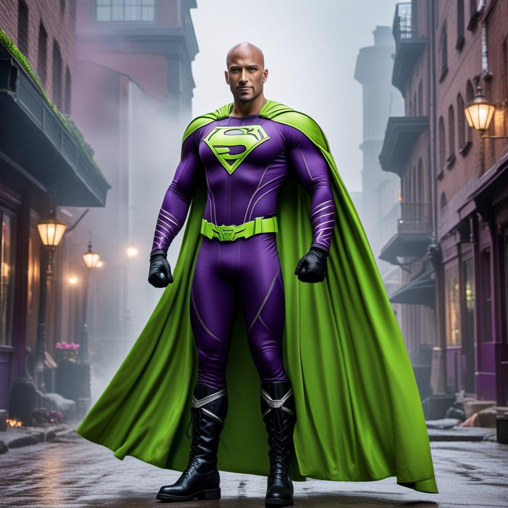  A powerful looking superhero standing confidently with arms crossed and a smile. The superhero's outfit is primarily purple and lime green, complemented with black boots and black gloves. The character is bald, showcasing his strong, inspiring face without a hood. He has a flowing cape that adds to the dramatic effect. The superhero is looking directly into the camera, radiating strength and positivity in a dynamic and colorful setting. hyperrealistic, full body, detailed clothing, highly detailed, cinematic lighting, stunningly beautiful, intricate, sharp focus, f/1. 8, 85mm, (centered image composition), (professionally color graded), ((bright soft diffused light)), volumetric fog, trending on instagram, trending on tumblr, HDR 4K, 8K