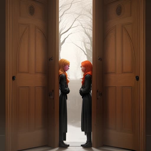  in the dark, a blonde girl and a redhead stand with their backs in front of two gloomy oak doors with inscriptions on each, over the doors there is another third inscription