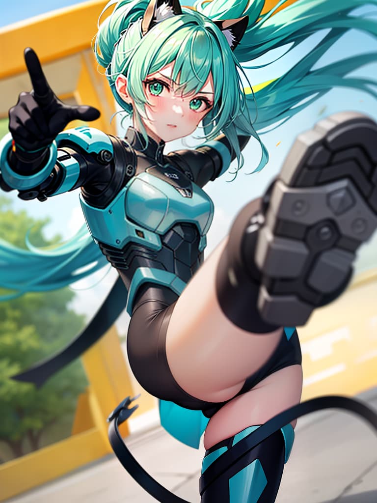  masterpiece,insanely detailed face,solo,girl,intelligence,genius,serious,cool,clear face,aqua hair,hair up,sidelocks,ring hair,humanoid,mechanical joint,exoskeleton,green colored armor,pose,kicking,incoming attack,one leg stand,outstretched foot,close up sole,blurr sole, looking at viewer,sense of movement,speed line,motion blurr,blurr fore ground,