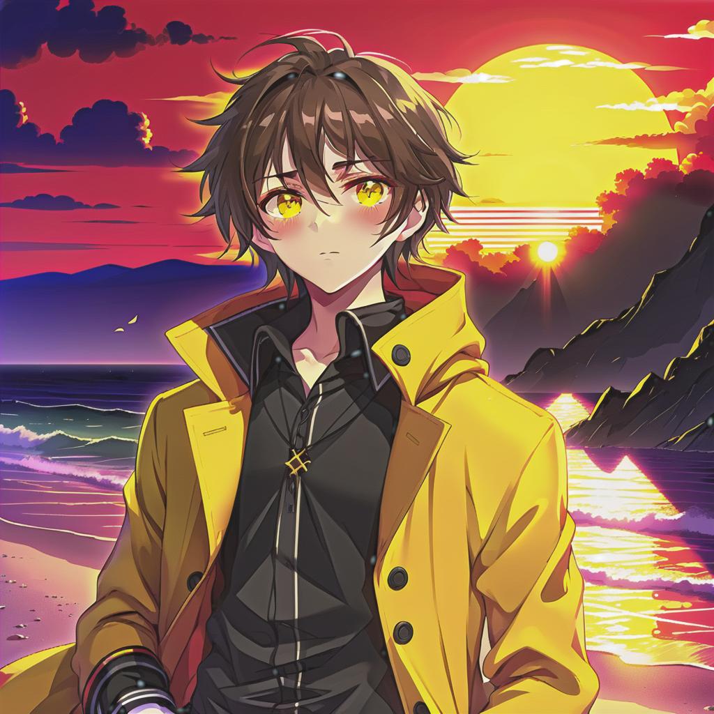  anime artwork a young man stands on the beach. he has long dark brown hair that gently falls on his shoulders, and his face, with jewish and slavic features, exudes calmness with brown eyes. he is dressed in a bright yellow coat that immediately attracts attention and contrasts with the surrounding landscape. under the coat is a black shirt, and black pants are additionally decorated with yellow elements, creating a harmonious and stylish image. the sun sets over the horizon, shrouding everything around in red shades, and bright red stripes lie on the surroundings contrasting with the darkness and creating a magical atmosphere. . anime style, key visual, vibrant, studio anime, highly detailed