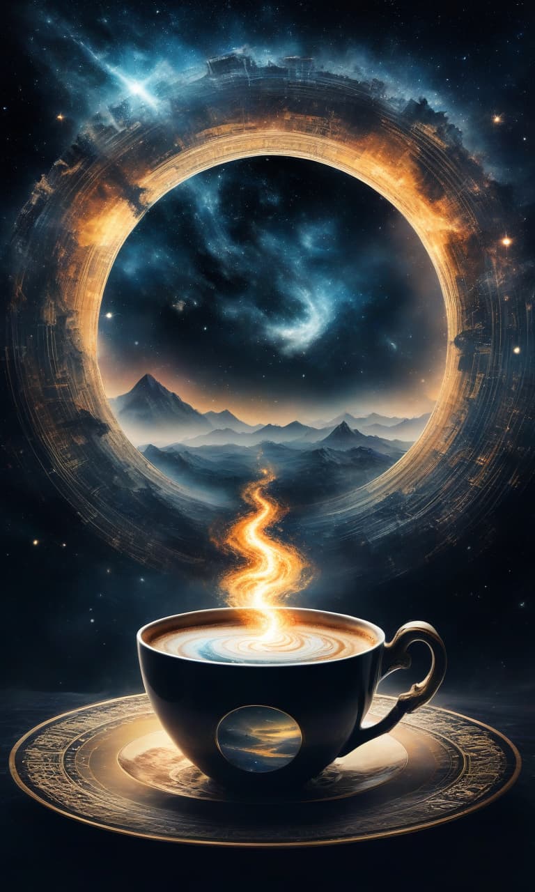  space themed (digital image) with (double exposure:1.5). highly detailed image with double exposure and texture layering. distant background. ((cup of coffee)). executed in watercolor technique. the outline of the cup dissolves into the black background. multilayered painting. depiction of a mystical landscape (((inside the cup)))). surrealism, fantasy. stylistics: neorococo, fantasy abstraction, surrealism, esotericism. in the manner of andrew jones, fragonard, jacek jerka, mark keatley, james christensen. high quality. . cosmic, celestial, stars, galaxies, nebulas, planets, science fiction, highly detailed