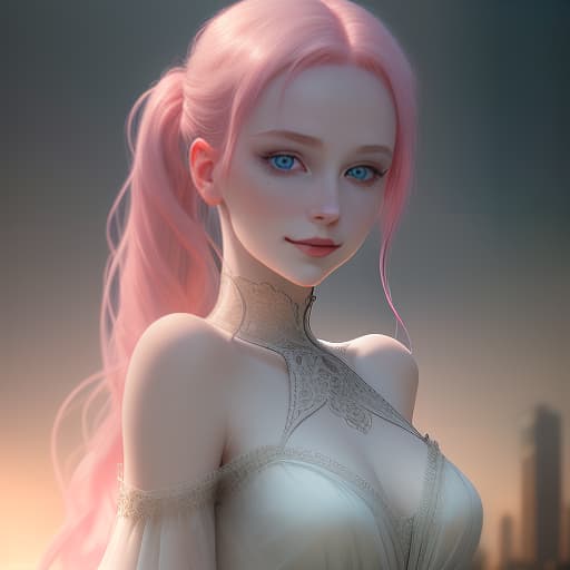  girl, pink hair, two ponytails, bright blue eyes, very pale skin, white long dress , full length ,city, scarlet moon, gloomy , dark night, 4k, detailed drawing, hyperdetalization, realism, beautiful, fantasy, photorealistic, hyperrealistic, hyperdetailed, analog style, demure, detailed skin, pores, smirk, smiling eyes, matte skin, soft lighting, subsurface scattering, realistic, heavy shadow, masterpiece, best quality, ultra realistic, 8k, golden ratio, intricate, high detail, film photography, soft focus