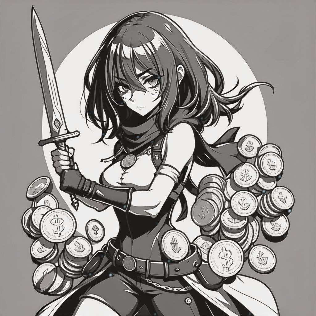  line art drawing rogue girl with coins and dagger, same nightmare. anime style . professional, sleek, modern, minimalist, graphic, line art, vector graphics