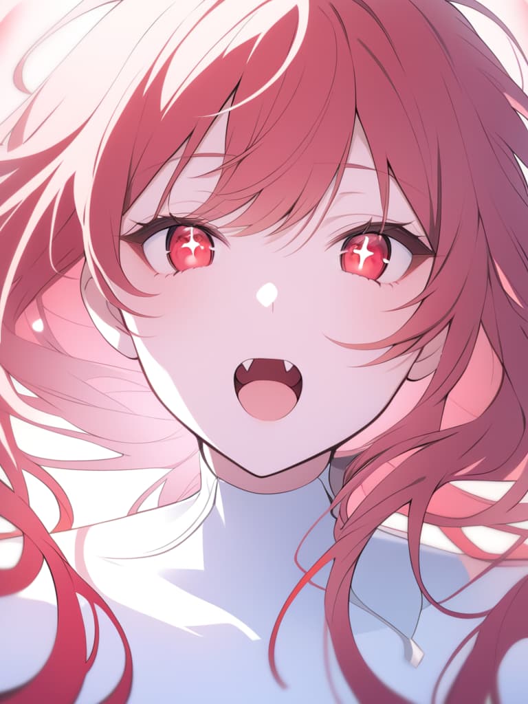  a close up shot of an extremely cute devil with bright,mesmerizing red eyes that sparkle intensely,similar to gl marbles catching the light.her white,silky hair frames her face perfectly,falling in loose strands over her forehead. she has small,sharp fangs king out from her slightly open mouth,giving her a and mischievous expression. her skin is smooth and pale,contrasting beautifully with her glowing red eyes.there are no visible horns,keeping her look soft yet devilishly charming. the lighting is soft,but the highlights on her eyes and lips are sharp,emphasizing her almost otherworldly cuteness. the background is blurred to enhance the focus on her face,which is detailed in ultra high resolution,capturing every subtle t