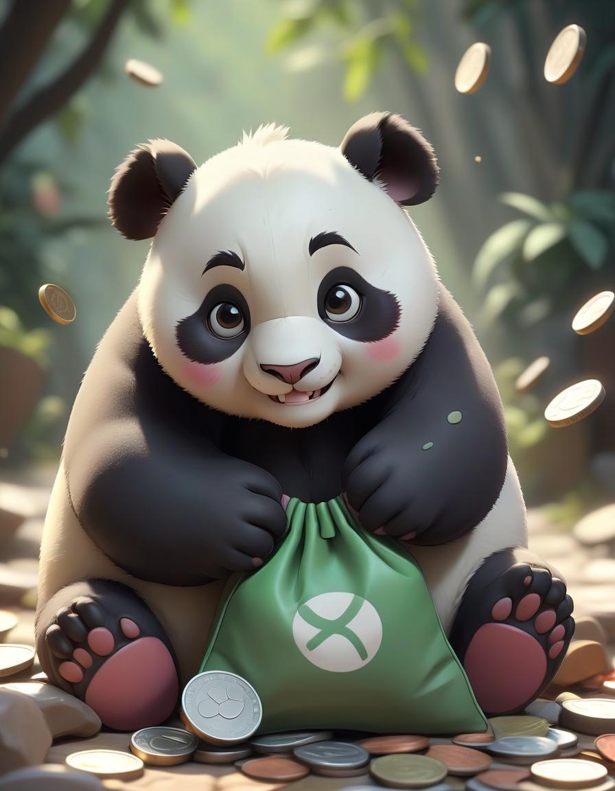  pokémon style a small cartoon panda hugs one bag with a slight smile, and coins are scattered nearby. . vibrant, cute, anime, fantasy, reminiscent of pokémon series