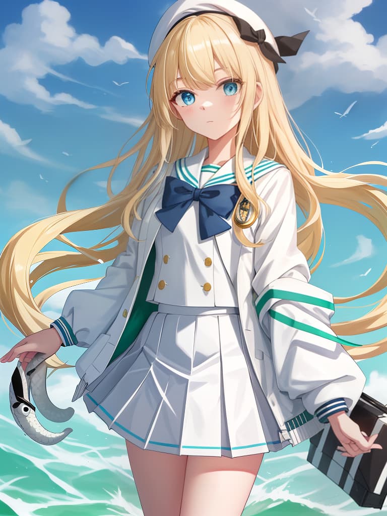  s who smoke mine, white sailor uniforms, white pleated s, whole body, black loafers, blue eyes, blonde hair, summer sailor, green jacket, souvenir jacket, snake tattoo , standing, 1 , white sailor suit, , green jacket, red headphones, masterpiece, best quality,8k,ultra detailed,high resolution,an extremely delicate and beautiful,hyper detail