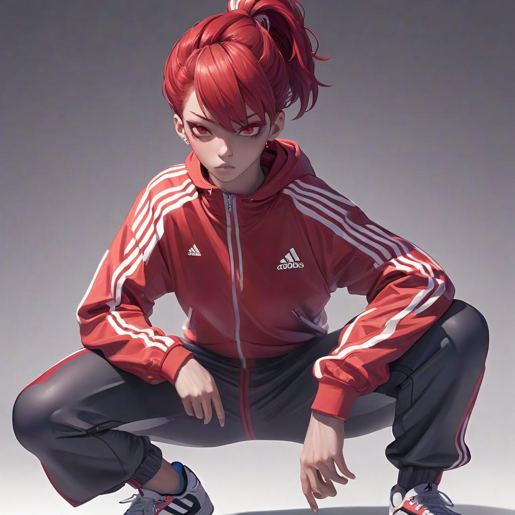  advertising poster style makima in a tracksuit adidas red hair . professional, modern, product focused, commercial, eye catching, highly detailed