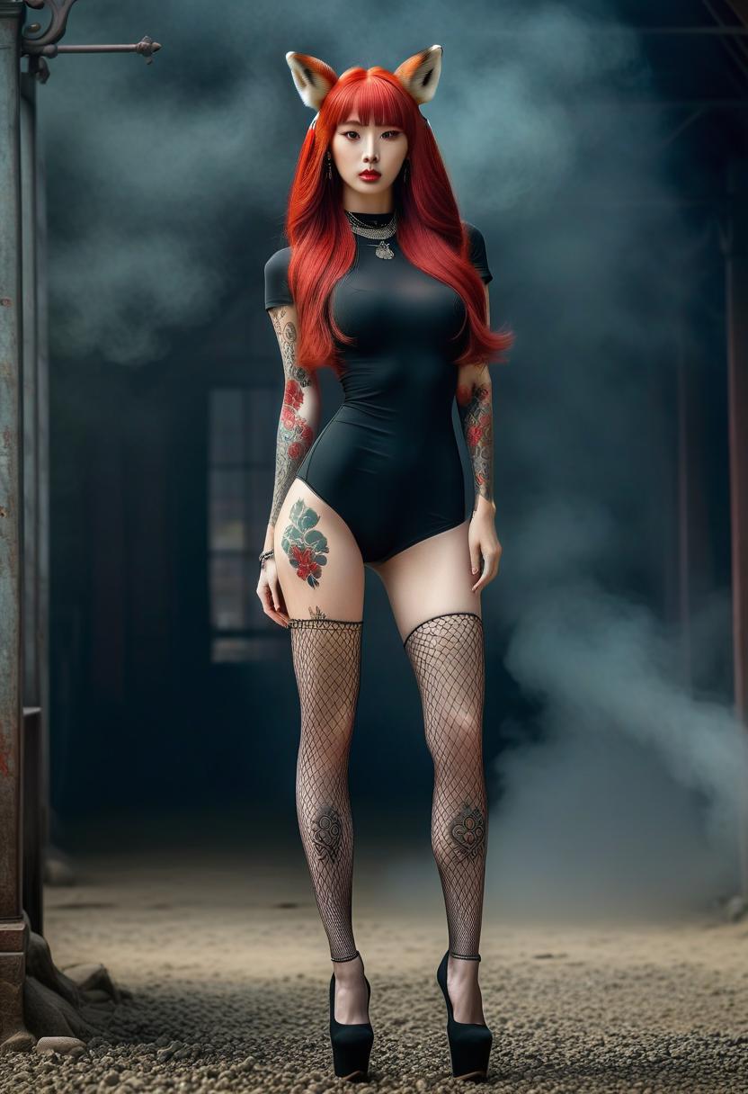  surrealist art , informal korean young , full body, show a with legs, standing , white skin, scarlet pupils , perfect skin, распущенные волосы,long red hair, red hair, delicate face, full body , slender legs, high heeled ylons, leg tattoos, round heads, fox ears on her head, build, delicate facial features, tattoo on her face, a lot of piercings on her face, , tattoos on her arms, tattoos on her , piercing, informal style, extreme detailing, 8k, realistic, hyperrealisme, masterpiece, digital photo, perfect light, . dreamlike, mysterious, , symbolic, intricate, detailed, perfecteyes hyperrealistic, full body, detailed clothing, highly detailed, cinematic lighting, stunningly beautiful, intricate, sharp focus, f/1. 8, 85mm, (centered image composition), (professionally color graded), ((bright soft diffused light)), volumetric fog, trending on instagram, trending on tumblr, HDR 4K, 8K