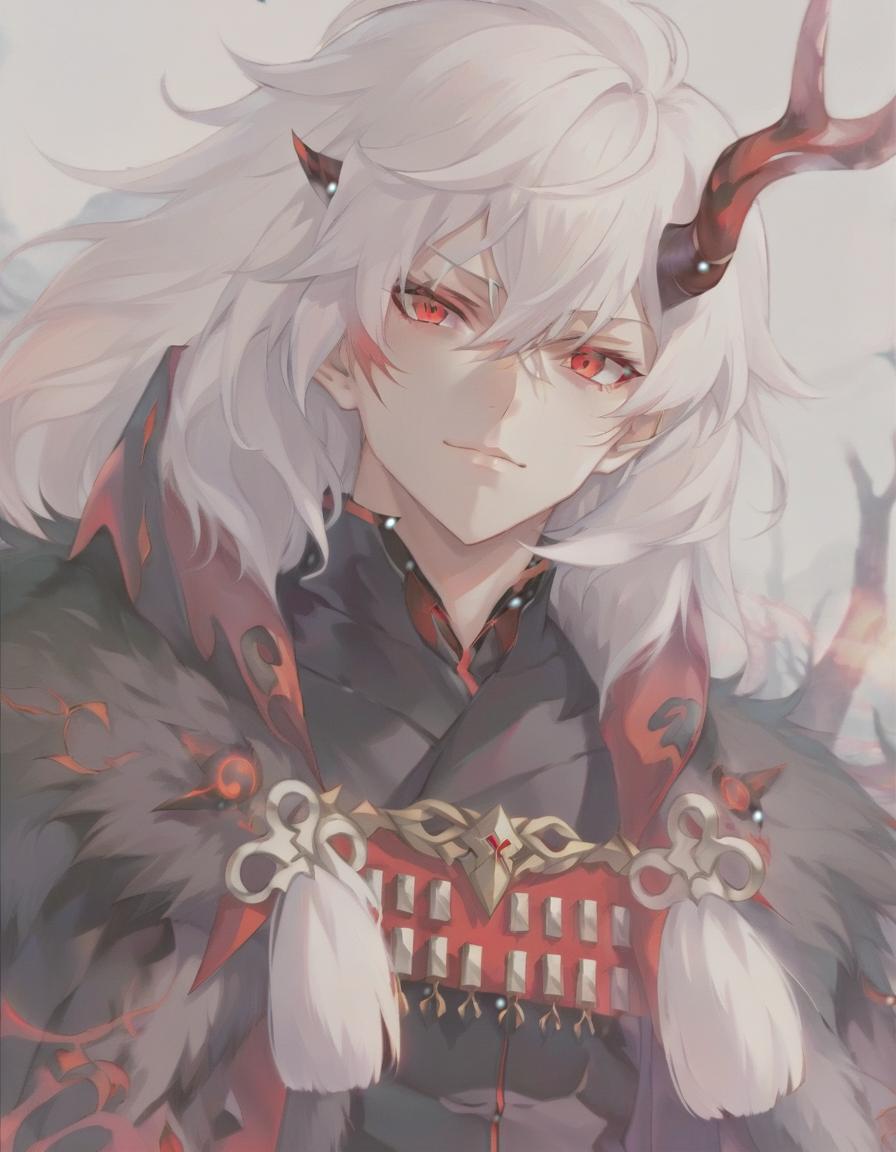  anime artwork man demon, white skin. red eyes, white hair, red horns, black fur coat, dense forest in the background . anime style, key visual, vibrant, studio anime, highly detailed