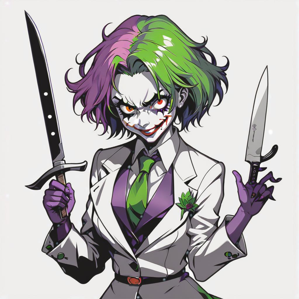  line art drawing joker girl with knife, dnd, same nightmare. anime style . professional, sleek, modern, minimalist, graphic, line art, vector graphics