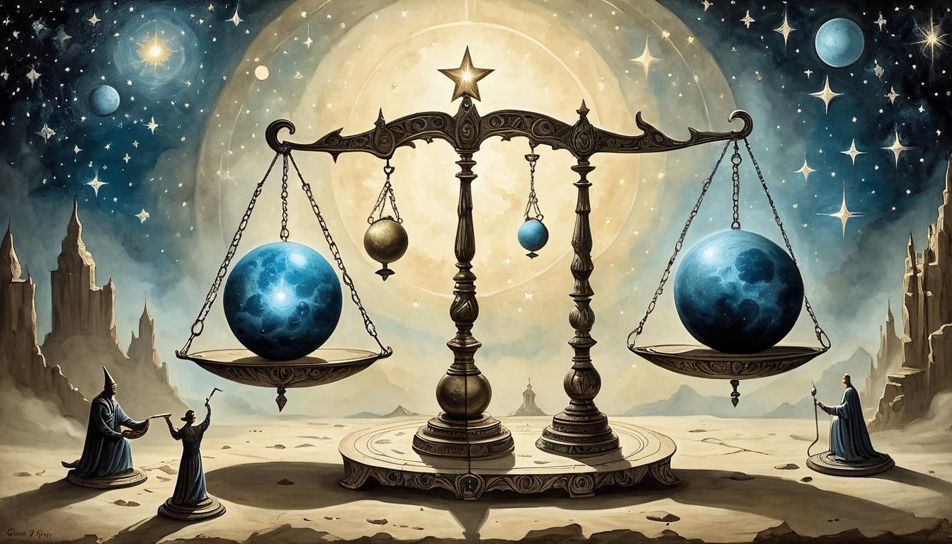  on parchment, surrealism+++, a glowing scale balancing weights of light and shadow, stars twinkling in the backdrop, cosmic balance, judgment(mysterious, provocative, symbolic,muted color)+++