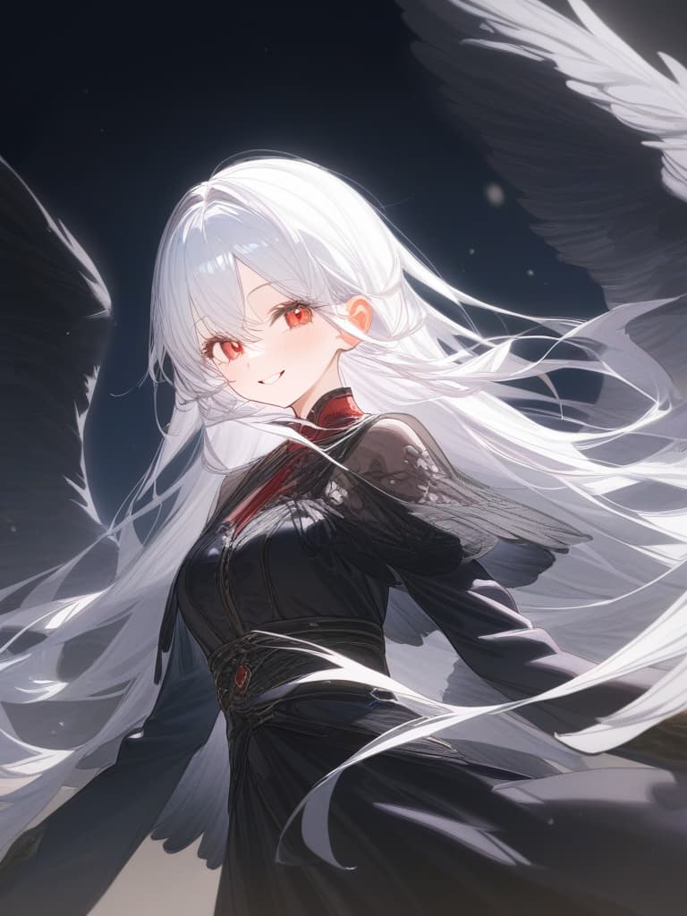  big s, whole body, white hair, super long long hair, ing both hands, smiling, beautiful , red eyes, black wings, round spells, masterpiece, best quality,8k,ultra detailed,high resolution,an extremely delicate and beautiful,hyper detail