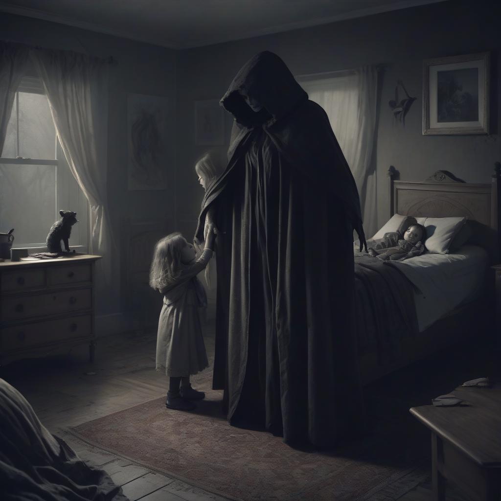  horror themed a visit to a beech, a bedroom, a mother hugging two young children, a terrible creature in a cloak reaches for them, . eerie, unsettling, dark, spooky, suspenseful, grim, highly detailed