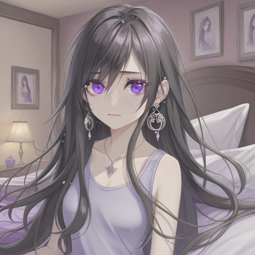   20 year, dark long hair, purple eyes, , small silver earrings, bedroom