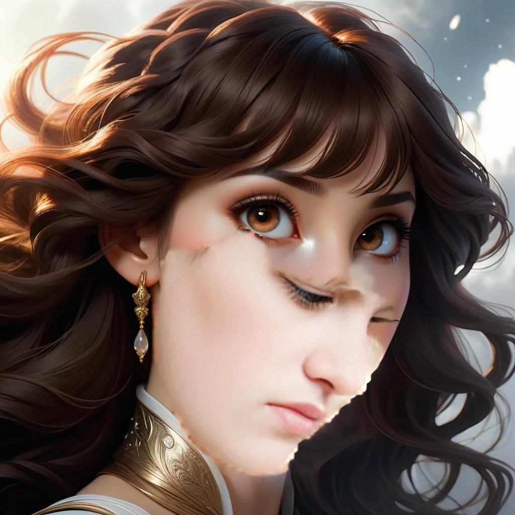  ethereal fantasy concept art of the girl in a brooding pose. the face is round, full. the hair is dark brown wavy to the shoulders, short bangs to the middle of the forehead. the profile of the girl is depicted in the style of art realism. the profile dissolves in a white background, dreamy beauty. . magnificent, celestial, ethereal, painterly, epic, majestic, magical, fantasy art, cover art, dreamy hyperrealistic, full body, detailed clothing, highly detailed, cinematic lighting, stunningly beautiful, intricate, sharp focus, f/1. 8, 85mm, (centered image composition), (professionally color graded), ((bright soft diffused light)), volumetric fog, trending on instagram, trending on tumblr, HDR 4K, 8K