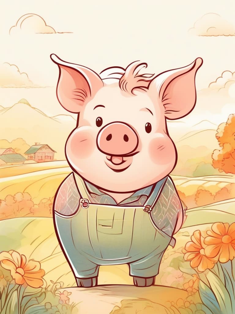  line art drawing a pig, 1 male, soft gradient colors, blurred edges, wearing a floral patterned apron, smiling expression, background of flowing countryside scenery, watercolor effect, warm tones, soft lighting, overall style is light, dreamy, and artistic.. professional, sleek, modern, minimalist, graphic, line art, vector graphics