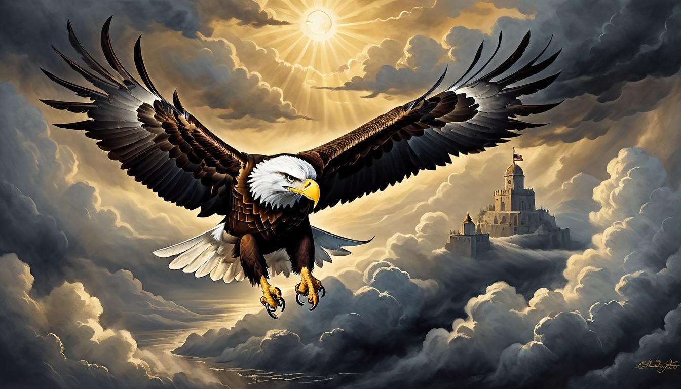  on parchment, surrealism+++, a majestic eagle soaring above dark storm clouds, golden sunlight breaking through, skies clearing, ascent, freedom(mysterious, provocative, symbolic,muted color)+++