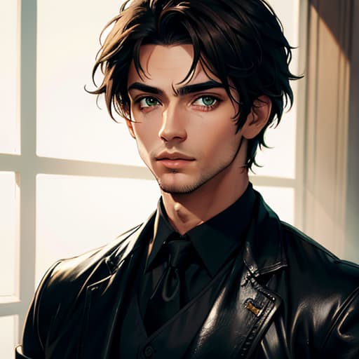  Boy with green eyes and brown here handsome with black clothes , (masterpiece, best quality, ultra-detailed), high contrast, highres, 4K, 8K