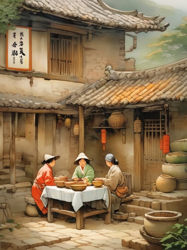  a nice home scene, with a bowl of rice on the table, and a nice, white and soft meal, mirroring the work of farmers. family members sit around and eat together and enjoy themselves. chinese ancient houses