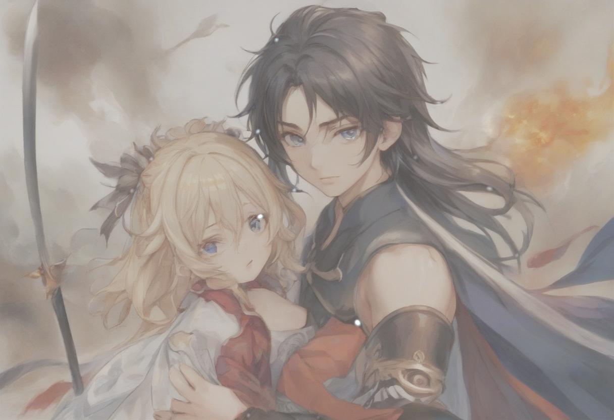  breathtaking realistic photo, two people, a character from the novel “system save yourself for the main hero”, lo binghe, a young man in black with an unassuming long sword behind his back. long black hair to the waist, red eyes, demonic mark on the forehead, next to him a girl is blonde, blonde hair to the shoulder blades, european face type, light skin, blue eyes, plump lips, small tummy at the bottom at the waist hug . award winning, professional, highly detailed, hkmagic