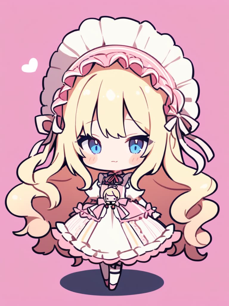  ((cute,blonde,long hair,vertical curls,curly hair,beautiful,pretty girl,blue eyes,lolita outfit,pink headdress,pink lolita dress,frills,mini character,chibi character,pink background))、(absurdres,highres,superlative,texture,contrast,top quality),break (solo,girl,kawaii,very cute face,(full body,chibi:1.5)