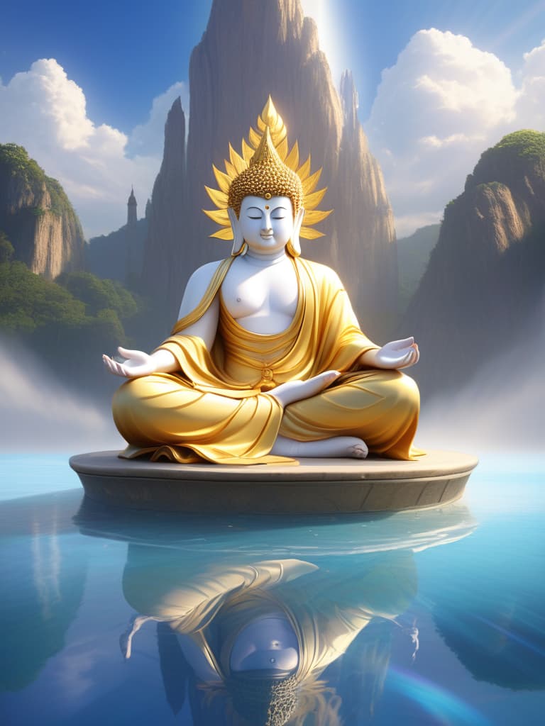  the buddha sits on the throne of the lotus, with a kind and calm face, with his hands on his knees, his eyes closed, his eyes white, his eyes white, and his eyelids soft. and in gold, and the horns of the robes, and the clouds around them, there was a radiant wheel shining behind them, and in the emptiness of the luminous pool, the light was soft