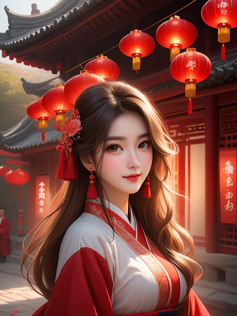  high definition portrait of a young woman with delicate features. she has large, expressive eyes, a soft smile, and long, wavy hair adorned with red floral accessories. she is wearing a traditional red and white hanfu with intricate embroidery. the background is a festive night scene filled with glowing red lanterns, which cast a warm, ambient light that softly illuminates her face and creates a magical atmosphere. the setting is an ancient chinese street with traditional architecture, and the characters for 'happiness' and 'prosperity' are subtly integrated into the signage on the buildings. the portrait exudes a sense of elegance, cultural richness, and a celebratory mood