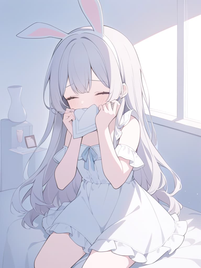  a soft,pastel colored scene featuring a delicate girl with long,white flowing hair,sitting on a cozy bed in a dreamy,minimalist room. she is wearing a frilly white nightgown and holding a handkerchief to her face as if wiping away tears. her cheeks are slightly flushed,and she has a melancholic,sleepy expression. a small plush bunny is placed beside her,adding to the gentle,emotional atmosphere. the room is softly lit,with muted tones of pale pink,cream,and white,creating a calming and ethereal vibe.