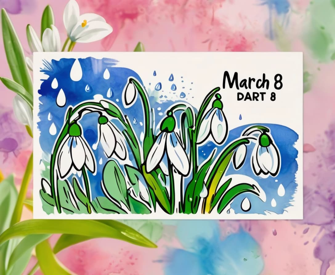  pop art style postcard march 8, (spring, drops, snowdrops), gentle watercolor and fine graphics . bright colors, bold outlines, popular culture themes, ironic or kitsch