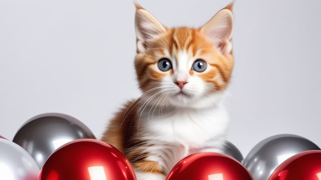  Christmas cat. Cat with gold and silver foil balloons. Red kitten on a Christmas festive white background. ar 16:9 high quality, detailed intricate insanely detailed, flattering light, RAW photo, photography, photorealistic, ultra detailed, depth of field, 8k resolution , detailed background, f1.4, sharpened focus