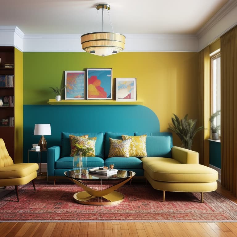  design a living room that combines vintage elements from the 1960s and 70s with futuristic touches. use bold geometric patterns, sleek, curved furniture, and vibrant colors like teal, mustard, and chrome. incorporate elements like floating consoles, rounded furniture, and space age lighting fixtures, such as pod like floor lamps or orb chandeliers. add accents like a vintage record player or retro inspired artwork to complete the look. hyperrealistic, full body, detailed clothing, highly detailed, cinematic lighting, stunningly beautiful, intricate, sharp focus, f/1. 8, 85mm, (centered image composition), (professionally color graded), ((bright soft diffused light)), volumetric fog, trending on instagram, trending on tumblr, HDR 4K, 8K