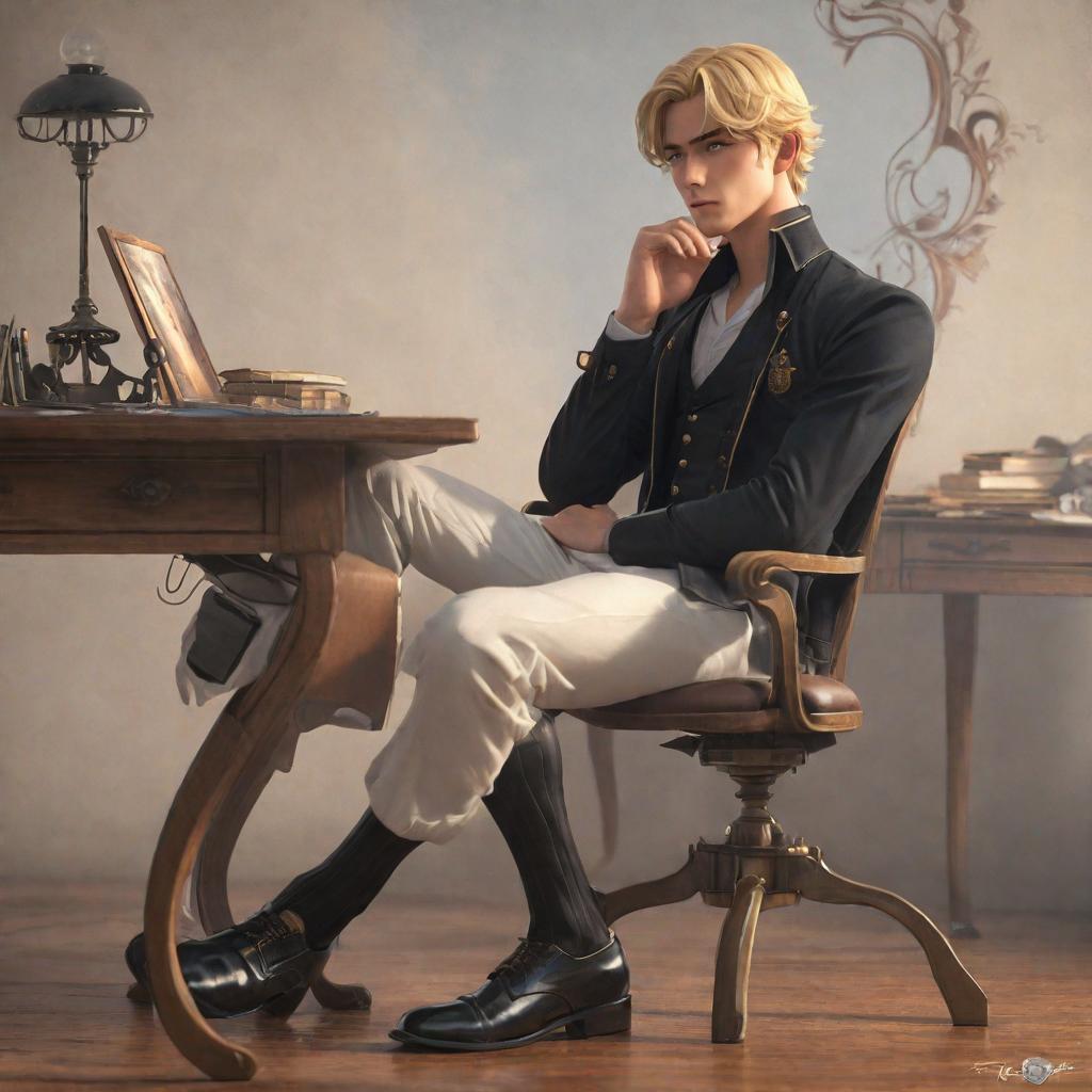  a handsome man is sitting on the chair , wearing black shoes and standing his feet on the desk, male, european, blonde, young adult, artstation, fantasy anime mix, anime realism mix, fantasy realism, (dreamlike art nouveau:1.3), fantasy movie