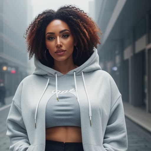  beautiful girl with hoody and blue eyes and curly hair Apply the Following Styles Cinematic hyperrealistic, full body, detailed clothing, highly detailed, cinematic lighting, stunningly beautiful, intricate, sharp focus, f/1. 8, 85mm, (centered image composition), (professionally color graded), ((bright soft diffused light)), volumetric fog, trending on instagram, trending on tumblr, HDR 4K, 8K